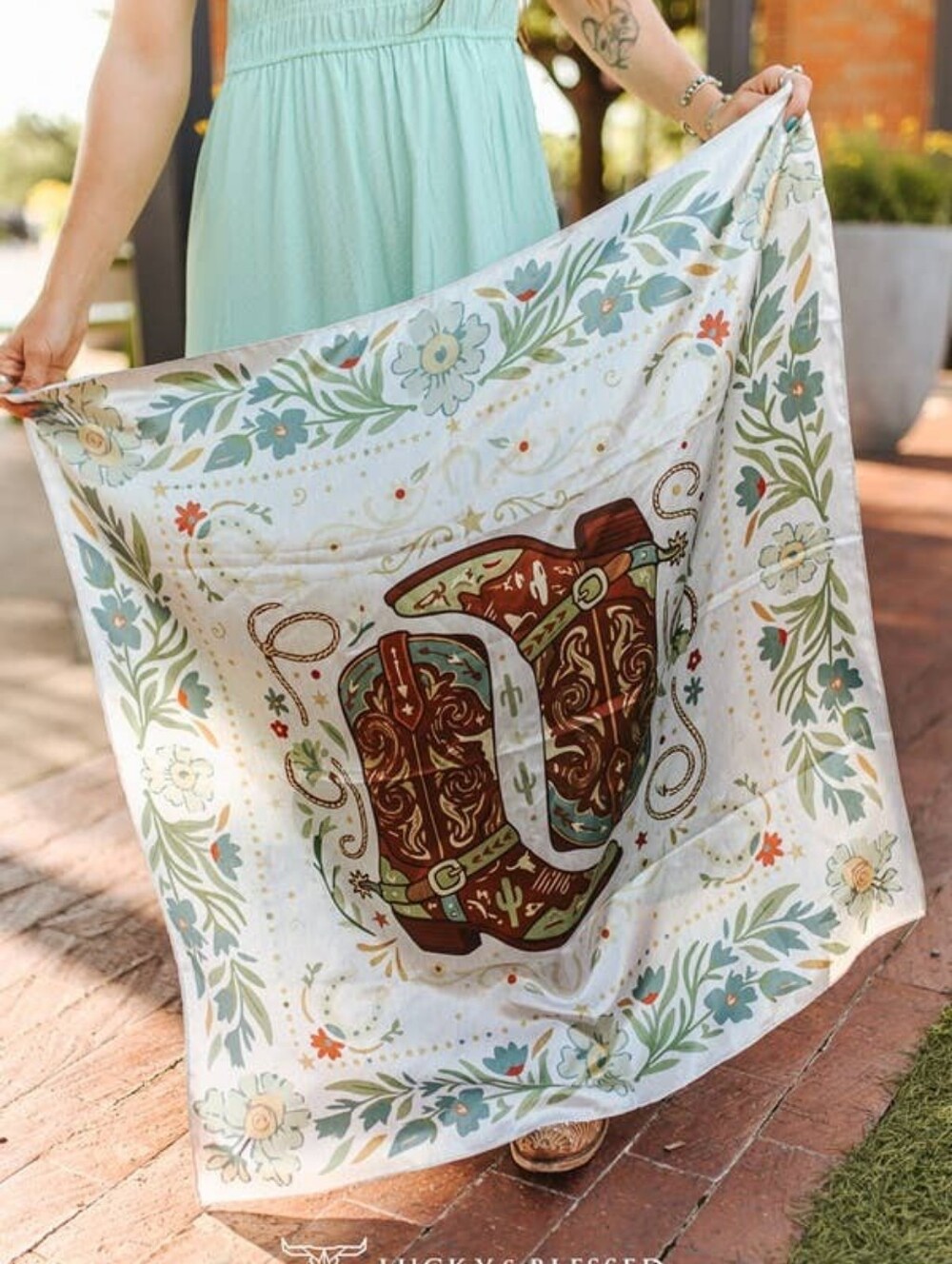 NEW Lucky & Blessed Ivory Sage Cowgirl Boots Printed Wild Rag Scarf